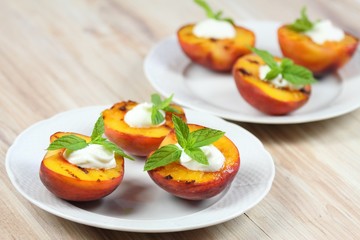 Grilled peaches,mascarpone &  mint  leaves
