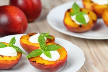 Grilled peaches, mascarpone & mint  leaves