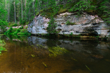 Sandstone outcrops reflection on water of Ahja river, Estonia