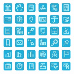 Icons, banking, Finance, currency, money, service, white outline, blue background. 
