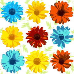 Vector set of realistic flowers in yellow, red and blue colors