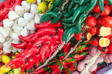Decorative vegetables and fruits on counter