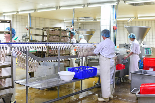 industrielle Produktion von W&uuml;rstchen in einer Fabrik - Arbeiterinnen am Fliessband in der Lebensmittelindustrie // 
production of sausages in a factory