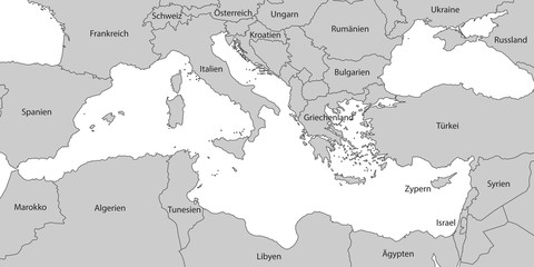 Mittelmeer - Karte in Grau (mit Beschriftung)