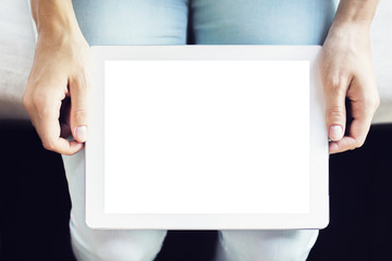 Human handsl holding blank digital tablet, mock up