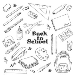Back to school - set of objects in sketch style - obrazy, fototapety, plakaty
