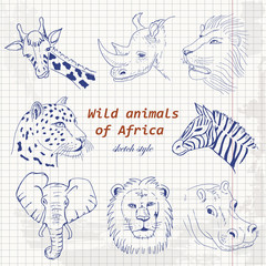 Set of wild animals of Africa in sketch style on a paper