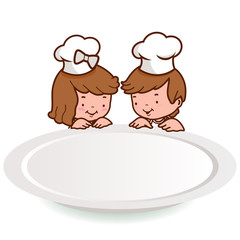Children chefs looking over an empty plate. Vector illustration background