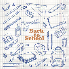 Back to school - set of objects in sketch style on a paper