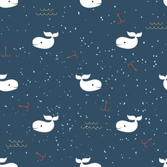 Seamless background with  cartoon whales.