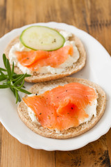 sandwich with cream cheese and smoked salmon on white plate