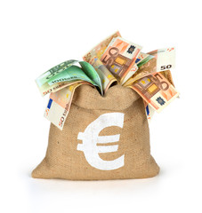 Bag of money with different euro bills - obrazy, fototapety, plakaty