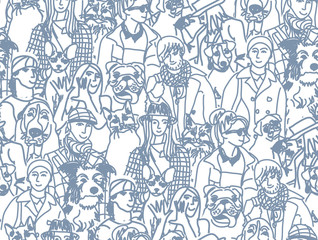 Big group people and pets gray seamless pattern