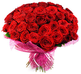 Fototapeta premium Bouquet of roses in pink package isolated on white