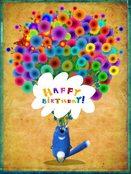Birhtday Card Blue Cat With Huge Bunch of Flowers
