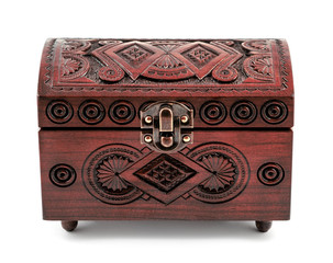 Redwood carved casket handmade isolated on white