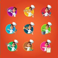 Round flat vector icon set with cook and kitchenware