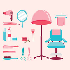 Hair salon equipments set, hairdressing, beauty, hair shop, accessories, objects, icons