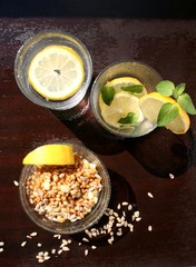 Lemonade and salad of boiled corn and wheat