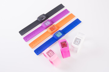 watches. colorful set of plastic watches isolated on white