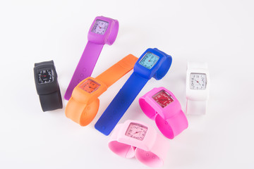 watches. colorful set of plastic watches isolated on white