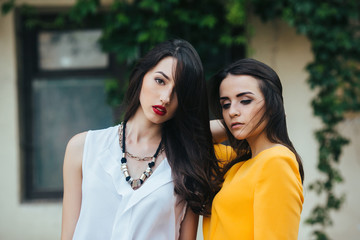 Two beautiful friends pose on white background