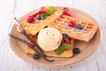 waffles, berry fruit and ice cream