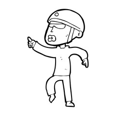 cartoon man in bike helmet pointing