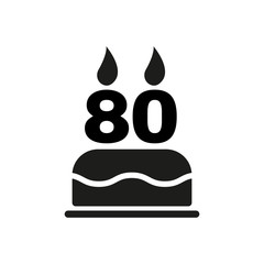 The birthday cake with candles in the form of number 80 icon. Birthday symbol. Flat