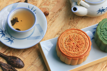 Festival moon cake and hot tea - Chinese cake
