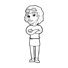cartoon woman with crossed arms and safety goggles