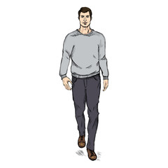 Vector Sketch Fashion Male Model in Trousers and  Gray Sweatshirt