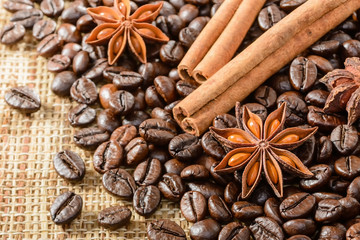 coffee beans and cinnamon sticks