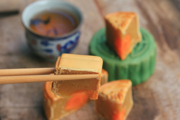 Festival moon cake and hot tea - Chinese cake