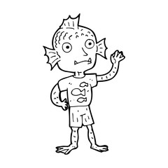 cartoon waving fish boy
