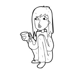 cartoon woman sitting with cup of coffee