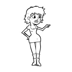 cartoon worried woman in dress pointing