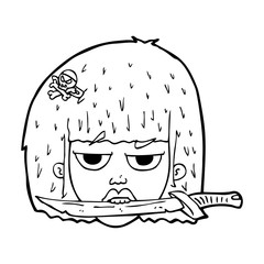 cartoon woman holding knife between teeth