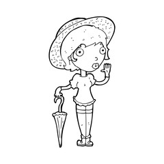 cartoon woman in summer hat waving