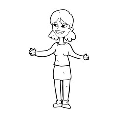 cartoon happy woman shruggin shoulders