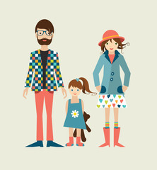 Young hipster family with daughter, little girl. Flat illustration.