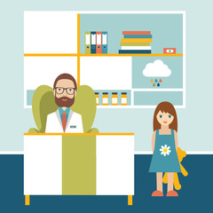 Doctor and little patient in friendly office surgery. Pediatric clinic. Flat cartoon vector illustration. 