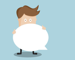Businessman Show Empty White Paper Speech Bubble Shape in  Front Cartoon Vector Illustration