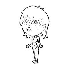 cartoon woman in swimsuit shrugging shoulders