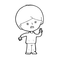 cartoon unhappy boy giving peace sign