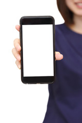 woman holding blank screen smartphone in  a hand