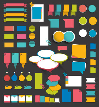 Collection of flat colorful paper stickers, folders, post it, bubbles set without text. Graphic elements.