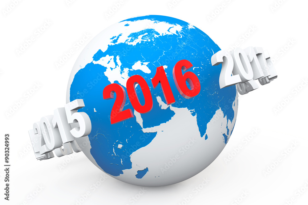 Poster new year concept. 3d number 2016 around earth globe