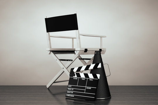 Old Style Photo. Director Chair, Movie Clapper and Megaphone