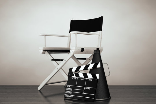 Old Style Photo. Director Chair, Movie Clapper and Megaphone